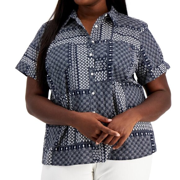 Tommy Hilfiger Plus Size Button-Front Camp Shirt – Sky Captain/Ivory 1X NWT - Picture 1 of 5
